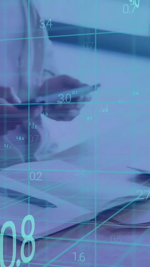 Vertical video: Man tapping phone over notes, blue grid over hands updating data Stock Footage 335802543