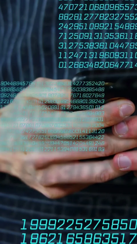 Vertical video: Man tapping phone with thumbs causing teal digits growing over Stock Footage 335802852