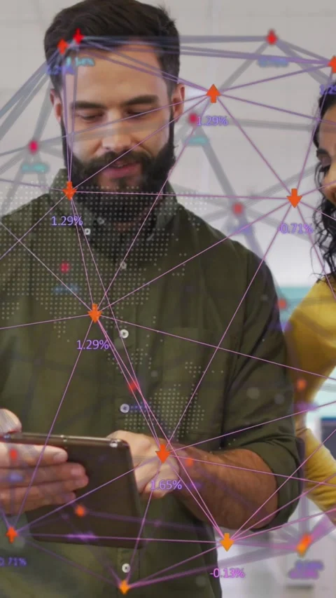 Vertical video: Man tapping smartphone, drawing coworker for analytics review Stock Footage 328350201