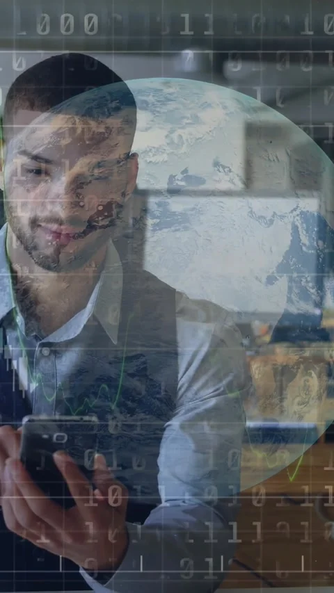 Vertical video: Man tapping smartphone revealing globe charts and binary bits Stock Footage 330359343