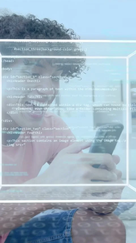 Vertical video: Man tapping smartphone on sofa, causing 3D cube overlay showing Stock Footage 333954149
