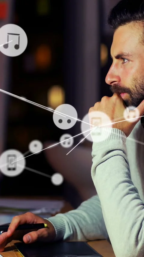 Vertical video: Man tapping stylus, initiating expanding network nodes over Stock Footage 333236157