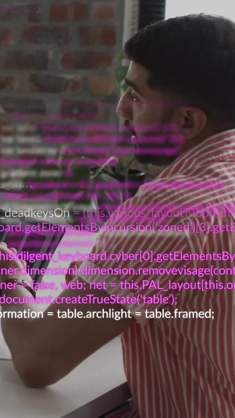 Vertical video: Man tapping tablet while peer hand causing magenta code overlay Stock Footage 329840851