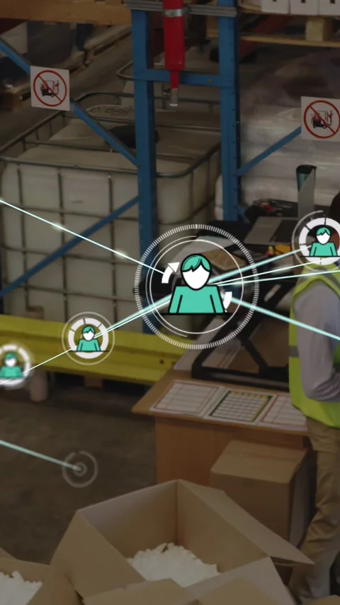 Vertical video: Man tapping tablet, AR HUD placing node and growing link net Video stock 329913404