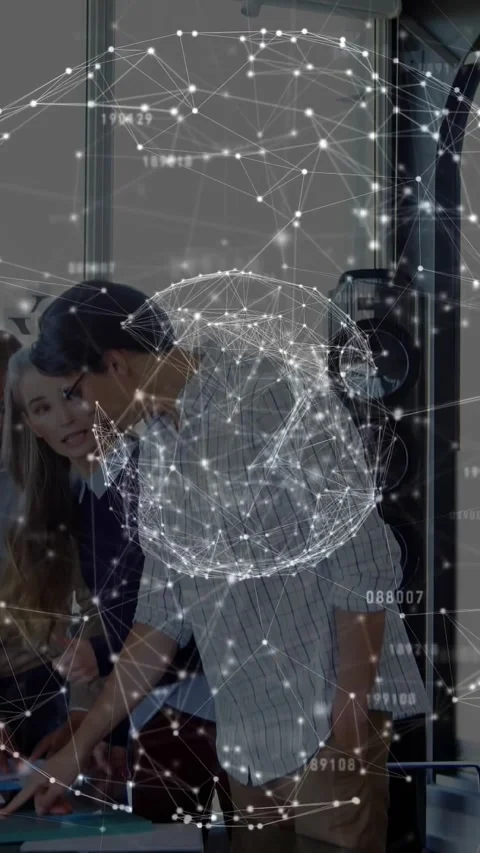 Vertical video: Man tapping tablet sparking team reviewing data in tech, overlay Stock Footage 330396010
