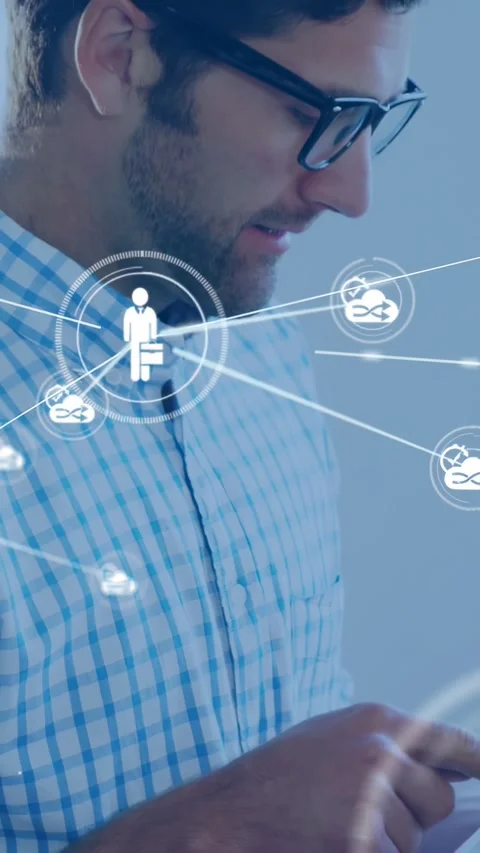 Vertical video: Man tapping tablet, building tech cloud network overlay Stock Footage 330982715