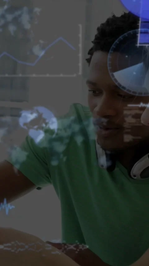 Vertical video: Man tapping tablet initiating tech graphs for analysis, peer Stock Footage 331334064