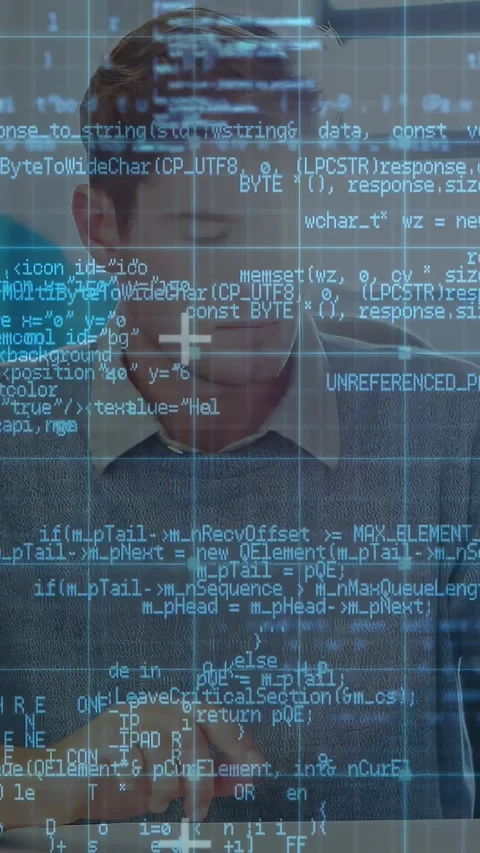 Vertical video: Man tapping tablet and causing tech code grid overlay on face, Stock Footage 332598361