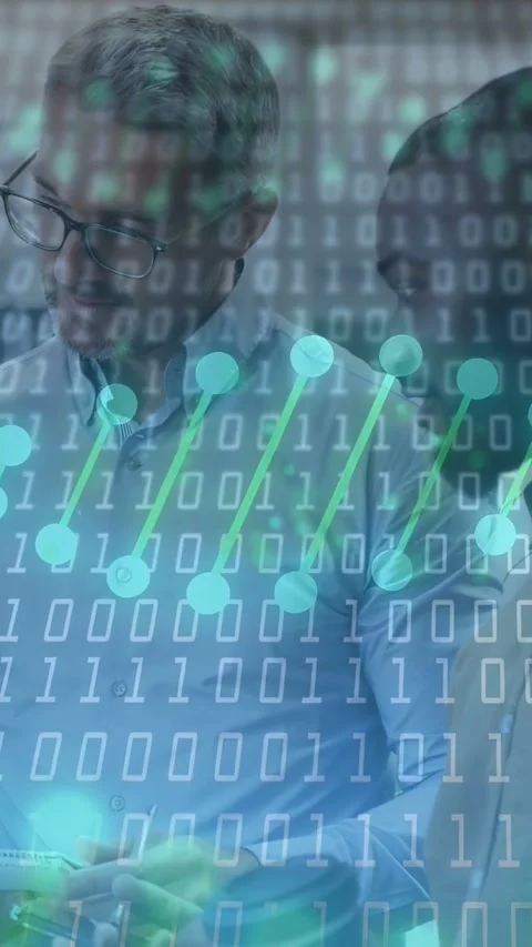 Vertical video: Man tapping tablet, starting binary node overlay in business Stock Footage 333289741