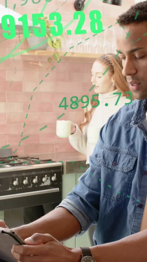 Vertical video: Man tapping tablet in kitchen causing code overlay, woman Stock Footage 333487018