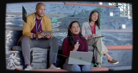 Vertical video: Man tapping tablet, HUD forming, anchoring group with data, Stock Footage 333898696