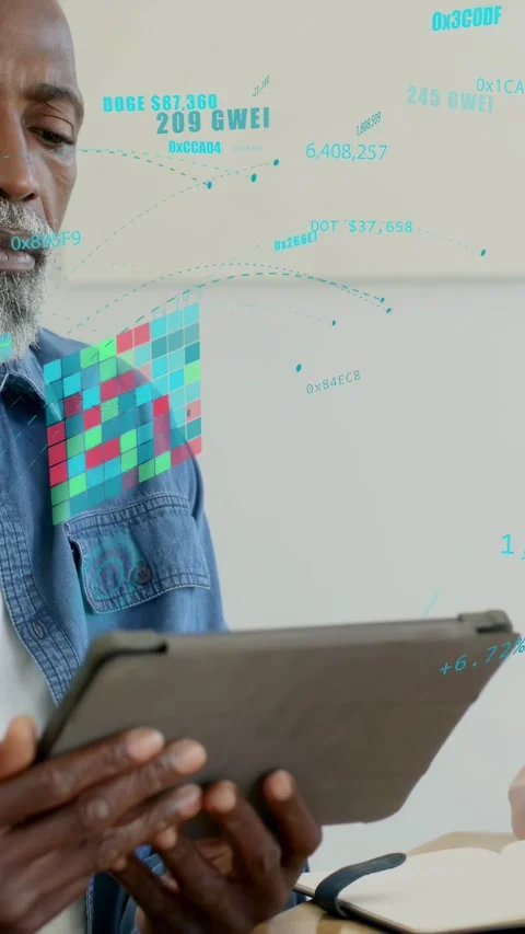 Vertical video: Man tapping tablet tilting, animating tech data grid, numbers Stock Footage 333954433