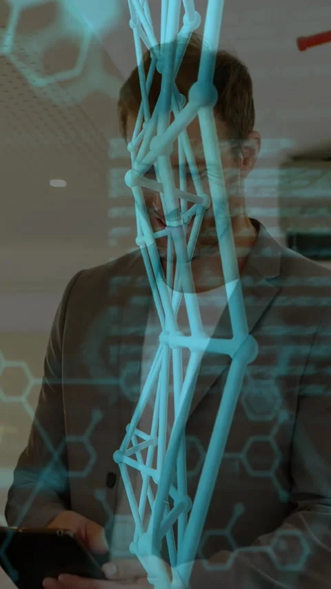Vertical video: Man tapping tablet in office, activating cyan holographic Stock Footage 334319167