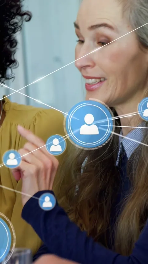 Vertical video: Man tapping tablet driving node web linking lead gesturing with Video stock 334382109