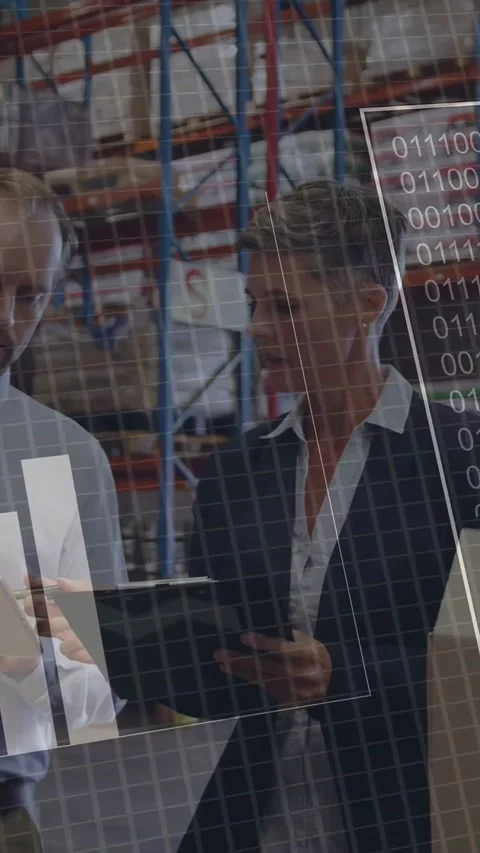 Vertical video: Man tapping tablet, woman with clipboard, HUD turning data to Stock Footage 334530078