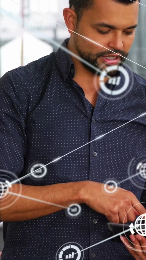Vertical video: Man tapping tablet expanding network HUD with nodes and globe Stock Footage 334598595