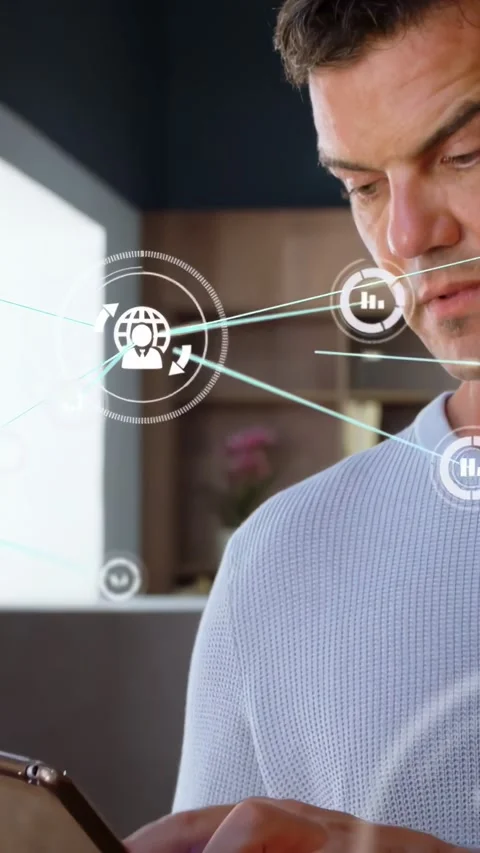 Vertical video: Man tapping tablet, swiping, creating network HUD and nodes, Stock Footage 334602560