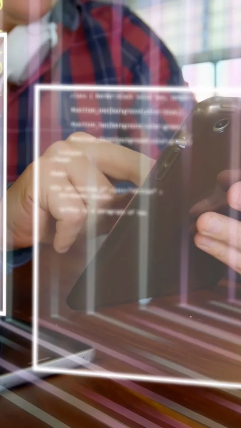 Vertical video: Man tapping tablet starting HUD panels syncing gestures, Stock Footage 334705043