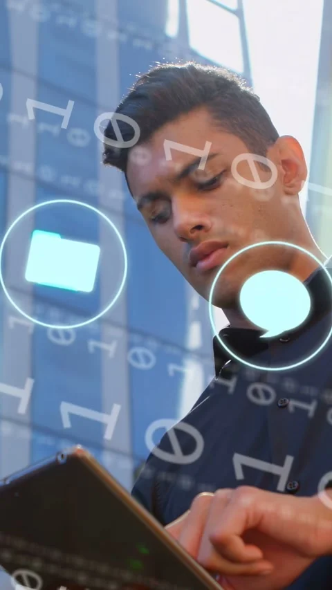 Vertical video: Man tapping tablet, testing tech AR and making apps and binary Stock Footage 334792534
