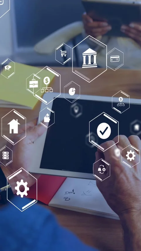 Vertical video: Man tapping tablet at meeting, launching finance UI with bank, Stock Footage 335264150