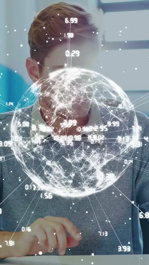 Vertical video: Man tapping tablet, globe rising with tech numbers crossing face Stock Footage 340133336