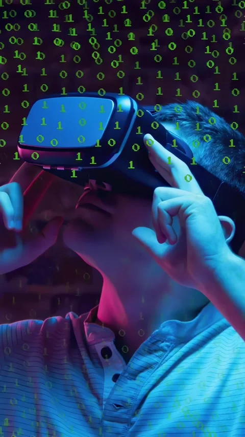 Vertical video: Man tapping VR headset sides tuning fit and scanning tech world Stock Footage 333895766