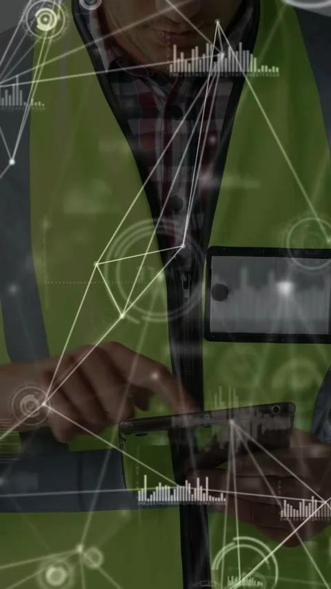 Vertical video: Man tech tapping tab and activating AR graphs while checking Stock Footage 332546879
