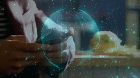 Vertical video: Man thumb tapping and swiping phone, growing tech globe and Stock Footage 331125208
