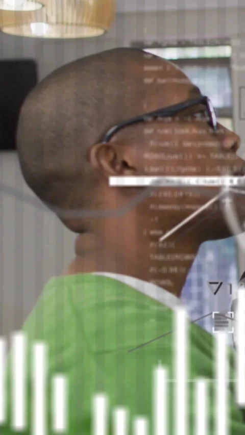 Vertical video: Man tilting and turning right at home, code charts HUD shifting, Stock Footage 330395579
