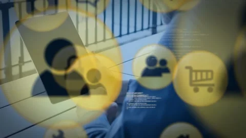 Vertical video: Man tilting tablet and browsing shop app, yellow circles growing Stock Footage 334182356