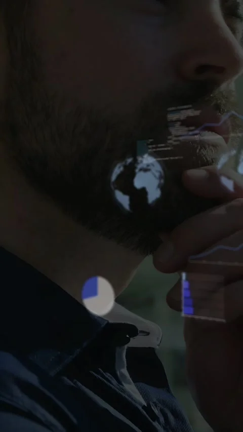 Vertical video: Man touching chin and sparking data globe and charts across Stock Footage 335513249
