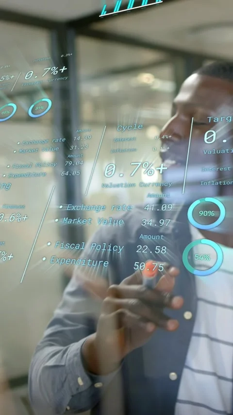 Vertical video: Man touching clear glass, tapping finance chart and circling Stock Footage 333487417