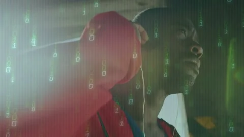 Vertical video: Man touching ear adjusting earbud settling while tech overlay Stock Footage 334112411