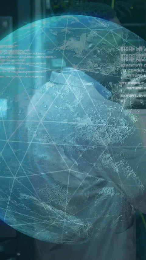 Vertical video: Man touching headset in tech room, holo globe and code spiking Stock Footage 332845671