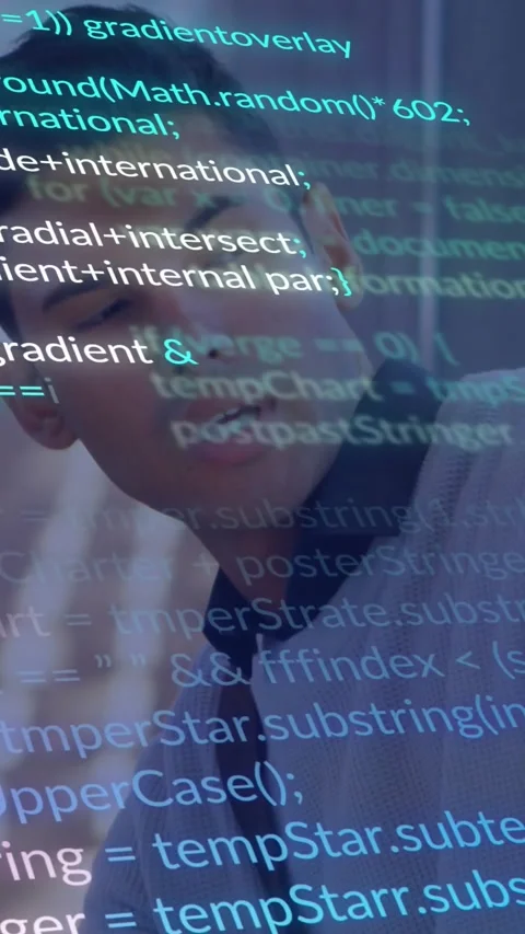 Vertical video: Man turning and speaking in office code overlay growing across Stock Footage 328633200