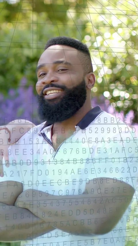 Vertical video: Man turning to camera after friend resting arm, code and graphs Stock Footage 337540684