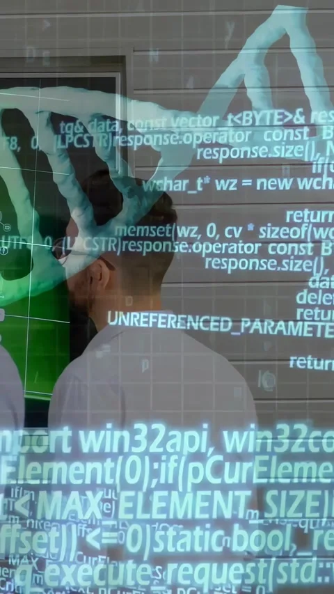 Vertical video: Man turning to display, projection starting, helix and code Stock Footage 332277840