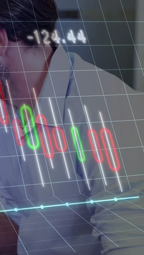 Vertical video: Man turning head and torso in finance as overlay chart and Stock Footage 329913214