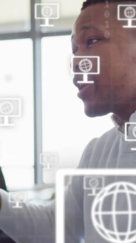 Vertical video: Man turning head and explaining in office starting animated tech Stock Footage 333596067