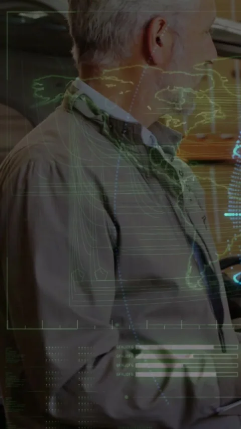 Vertical video: Man turning head after hand gesture, holo map and HUD aligning Stock Footage 334391857