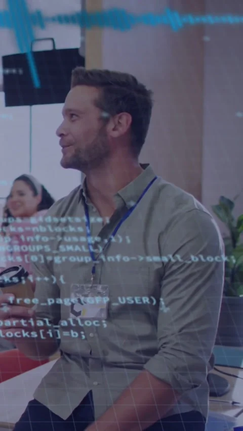 Vertical video: Man turning left holding cup, replying to prompt, tech Stock Footage 334599237