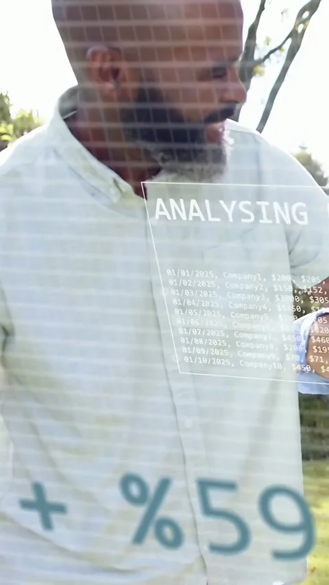 Vertical video: Man turning right in yard, data starting overlaying %, line Stock Footage 333577171