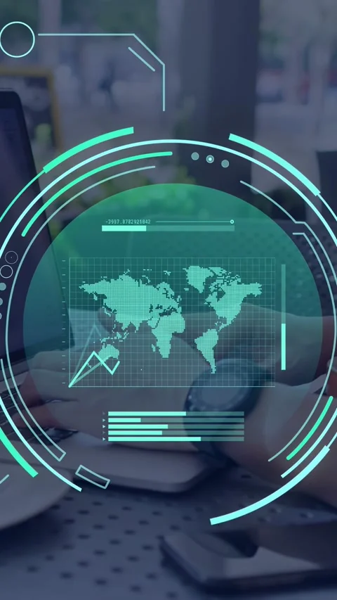 Vertical video: Man typing, clicking mouse driving HUD tech graph rising then Stock Footage 335741015
