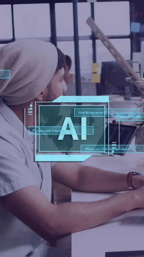 Vertical video: Man typing device causing AI HUD data over desk for work, woman Stock Footage 334836974