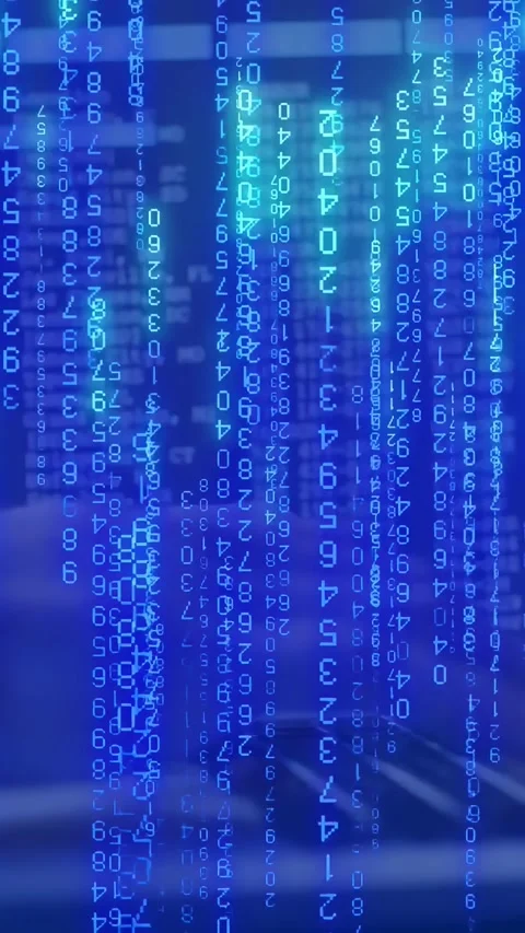 Vertical video: Man typing keys initiating blue code streams showing tech data Stock Footage 334836953