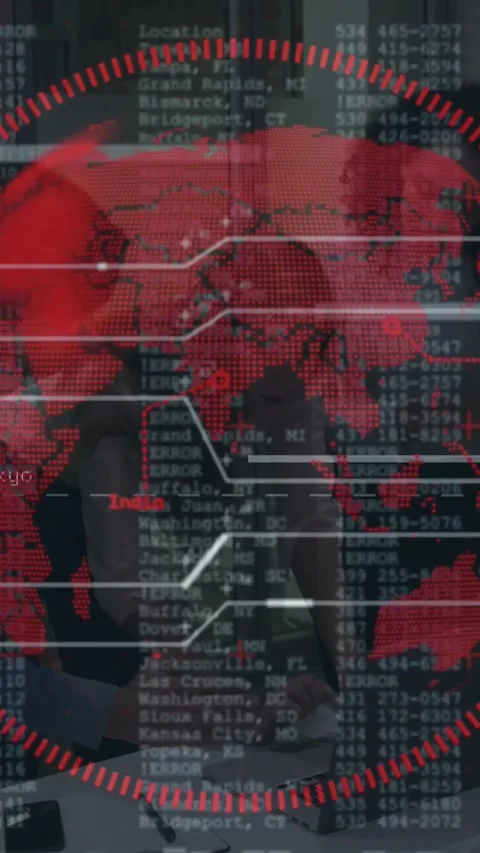 Vertical video: Man typing on laptop, team pointing, starting red map and ERROR Stock Footage 330655990