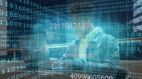 Vertical video: Man typing on laptop starting holo binary HUD over body and Stock Footage 331270120
