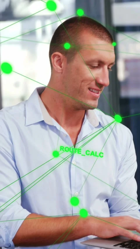 Vertical video: Man typing on laptop routing, initiating ROUTE_CALC tech nodes Stock Footage 334046787