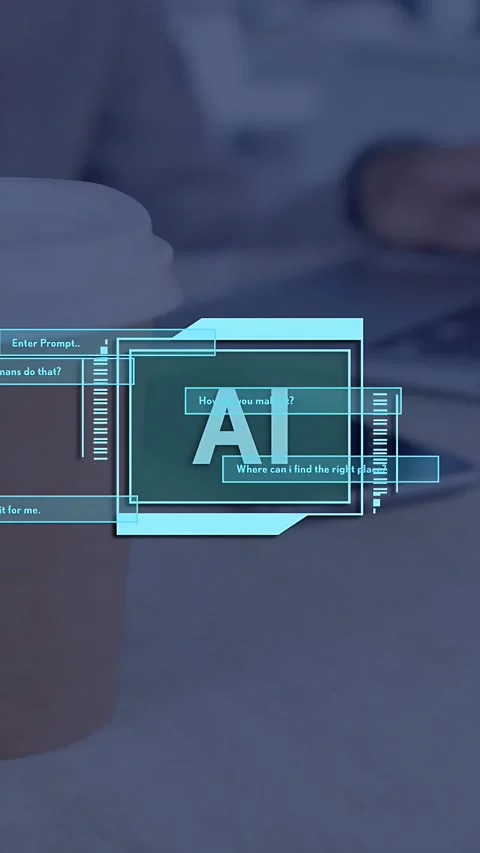 Vertical video: Man typing on laptop, activating blue AI badge, chat boxes Stock Footage 335264383