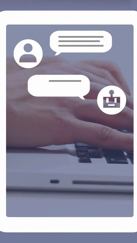 Vertical video: Man typing on laptop keys, making avatars, messages, robot icon Stock Footage 335264397
